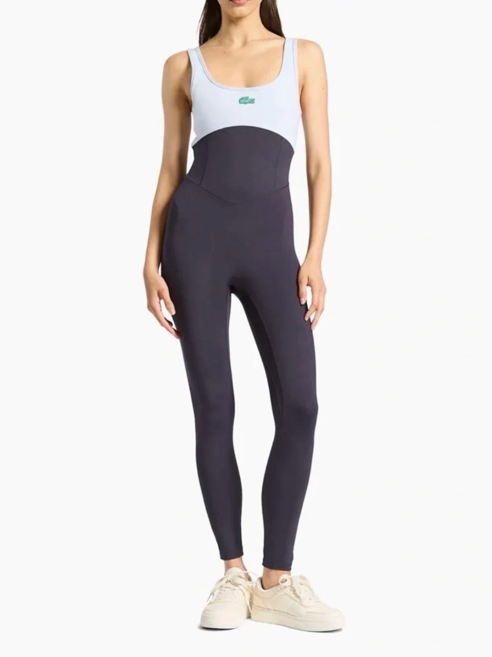 Lacoste Two-Tone Scoop-Neck Jumpsuit in White and Charcoal